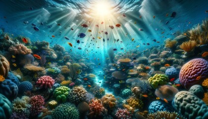 Fototapeta na wymiar Vibrant Coral Reef Teeming with Marine Life