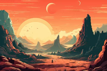 Alien planet landscape with mountains and moon over horizon in retro style. © swillklitch
