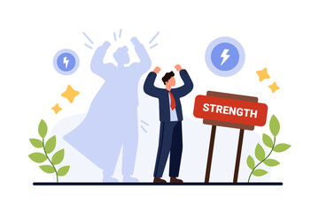 SWOT analysis, identification of strengths and advantages for effective strategic business planning. Tiny strong businessman standing with shadow in superhero cape cartoon vector illustration