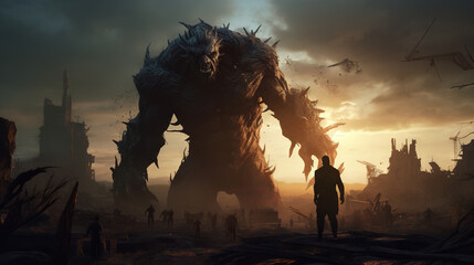 Giant monster over the destroyed city. Mythical giant attack. - obrazy, fototapety, plakaty