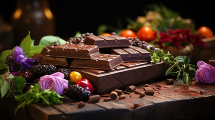 Chocolate tasting setup, variety of chocolate pieces on a dark table, cocoa beans and plants in soft focus, conveying the richness of chocolate gastronomy, Phot