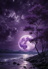 Papier Peint photo Lavable Pleine Lune arbre Purple Moon