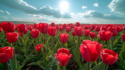 Red tulips in a tulip field in front of a blue sky