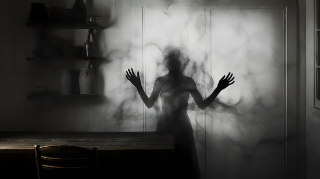 Black-and-White Image of a Frightening Woman Behind Matte Glass - Perfect for Haunting Tales