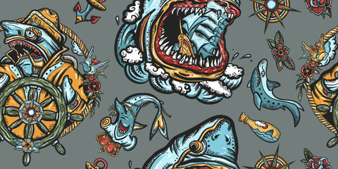 Naklejka premium Sharks. Sea wolf, captain in the sea, sailor at helm. Great white shark and drowned ship. Old school tattoo seamless pattern. Jellyfish, anchor, underwater life. Strong hammerhead shark fish