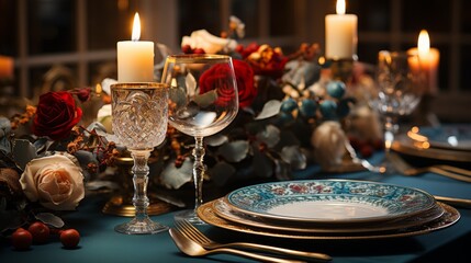 Fototapeta na wymiar Elegant dining room set for a New Year's Eve dinner, table with fine china, glasses, and a festive centerpiece, showcasing the preparation for a celebratory gat
