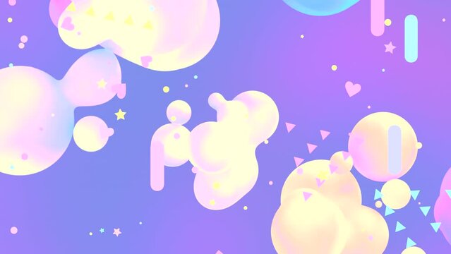 Looped colorful merging blobs and various geometric shapes flying up on purple gradient color background animation.