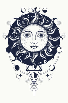 Esoteric sun. Tattoo. Medieval alchemical symbol, moon phases coloring book t-shirt design