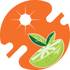 Lime fruit vector on orange circle background with clouds and sun in it