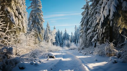 Cross-country ski trail winding through a forest, tracks in the snow, peaceful and scenic, showcasing the endurance and tranquility of Nordic skiing, Photoreali