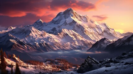 An alpine mountain chain at sunset, the sky painted in hues of pink and orange, the snow-capped peaks glowing softly, the air clear and crisp, Photography, tele - obrazy, fototapety, plakaty