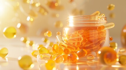 An intricate 3D depiction of various vitamins like A, C, and E merging into a skincare cream jar illustrating the concept of nutrient-enriched skincare products