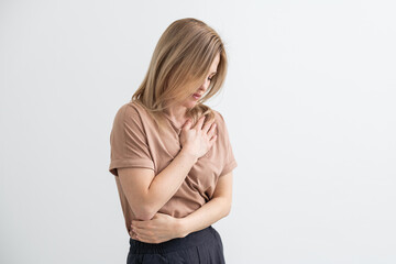 Woman Stomach Ache. Woman touching his stomach. Stomach pain and others stomach disease concept....
