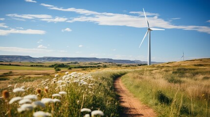 Close-up of a wind turbine in a field, clear blue sky, focus on the technology and efficiency of wind energy, Photorealistic, wind turbine photography, 50mm len - obrazy, fototapety, plakaty