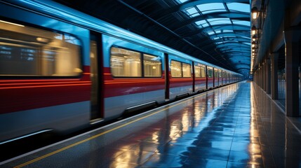 Fototapeta premium Empty subway station with a train passing through, modern architecture, conveying the speed and connectivity of city transport, Photorealistic, urban transporta