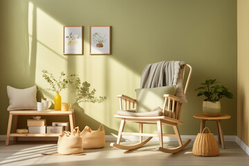 interior of a cozy children's room with a rocking chair and a crib in pistachio tones