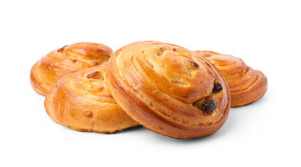 Delicious rolls with raisins isolated on white. Sweet buns
