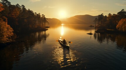 Fototapeta na wymiar An aerial view of a serene lake at dawn, a fisherman in a canoe surrounded by the golden glow of the rising sun, the scene capturing the harmony between man and