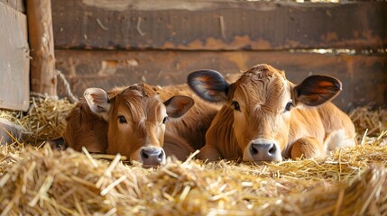 Cow and newborn calf lying in straw at cattle farm. Domestic animals husbandry and reproduction.
