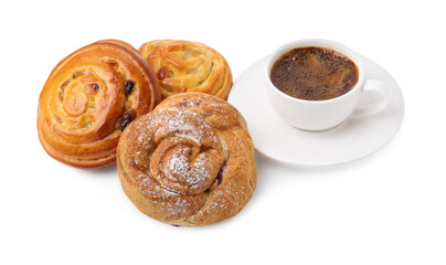 Delicious rolls with jam, powdered sugar, raisins and cup of coffee isolated on white. Sweet buns