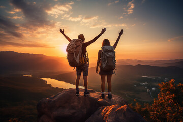 Rear view of man and woman travelers with backpacks standing on top of mountain and raising their arms up - obrazy, fototapety, plakaty