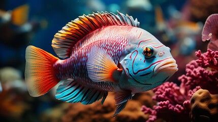 Fototapeta premium A vibrant coral reef teeming with colorful fish and marine life, the intricate ecosystem a burst of color and activity beneath the water's surface, Photography,