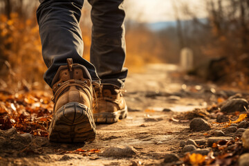 A man walking on a path in the autumn forest. Hiking in the mountains.