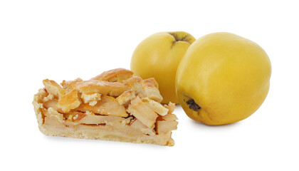 Piece of tasty homemade quince pie and fresh fruits isolated on white