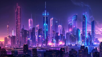 Dazzling City Lights Digital Art - A breathtaking cityscape at night, illuminated by dazzling digital lights, capturing the essence of a vibrant metropolis.