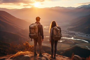 woman and man hikers with backpacks standing on the top of the mountain and enjoying the beautiful sunrise - obrazy, fototapety, plakaty