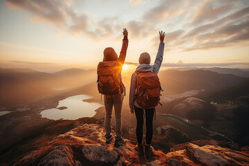 Rear view of man and woman travelers with backpacks standing on top of mountain and raising their arms up - obrazy, fototapety, plakaty