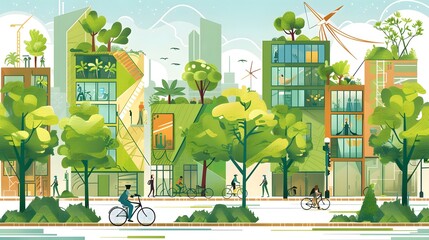 Drawing of street with sustainable urban design featuring eco-friendly elements, people on bicycle and modern buildings with green plants and trees
