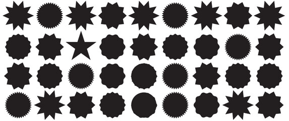 Set of black price sticker, sale or discount sticker, sunburst badges icon. Stars shape with different number of rays. Special offer price tag. Red starburst promotional badge set, shopping labels - obrazy, fototapety, plakaty
