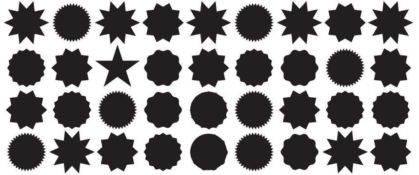 Set of black price sticker, sale or discount sticker, sunburst badges icon. Stars shape with different number of rays. Special offer price tag. Red starburst promotional badge set, shopping labels