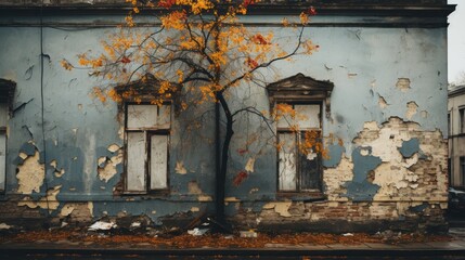 Crumbling facade of an old residential building, peeling paint, broken windows, urban setting, showcasing the passage of time in city landscapes, Photorealistic