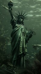 Surreal depiction of Statue of Liberty underwater with fishes swimming around, post-tsunami scene, dark, moody atmosphere