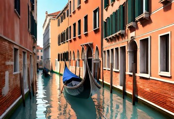 Narrow canal with gondola in Venice, Italy. Architecture and landmark of Venice. Cozy cityscape of Venice. Generative AI - obrazy, fototapety, plakaty