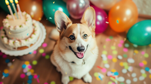 Cute corgy dog at a birthday party 