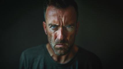 Fototapeta premium Caucasian middle-aged man with a serious expression on a dark, moody background with ample space for text, suitable for concepts related to emotions or mental health