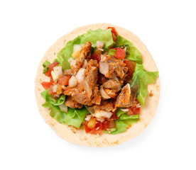 Delicious taco with vegetables and meat isolated on white, top view