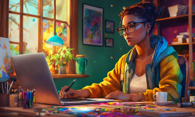 Drawing, cartoon style, focused woman in glasses working on her laptop while sipping coffee