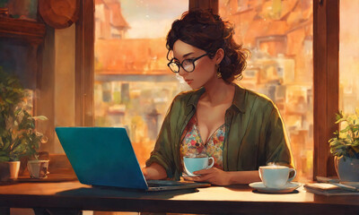 Drawing, cartoon style, focused woman in glasses working on her laptop while sipping coffee
