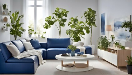 Donnez une nouvelle vie à votre salon en le rénovant dans un style IKEA avec des nuances de bleu et de blanc, des meubles en cuir haut de gamme, une table basse ronde et des plantes pour une ambiance  - obrazy, fototapety, plakaty