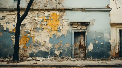 Crumbling facade of an old residential building, peeling paint, broken windows, urban setting, showcasing the passage of time in city landscapes, Photorealistic