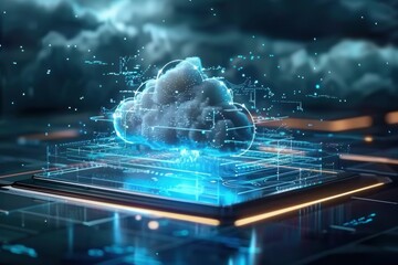 Cloud technology concept on tablet or electronic panel symbolizing online data storage abstract digital networking and cloud computing highlighting and security in modern business and communication