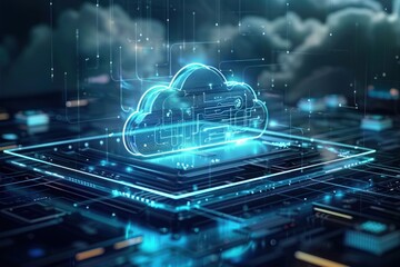 Cloud technology concept on tablet or electronic panel symbolizing online data storage abstract digital networking and cloud computing highlighting and security in modern business and communication - obrazy, fototapety, plakaty