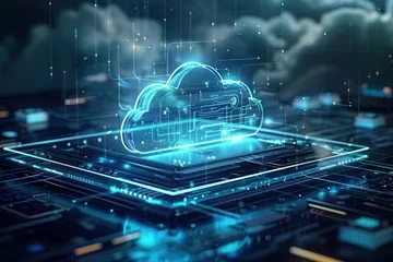 Foto op Canvas Cloud technology concept on tablet or electronic panel symbolizing online data storage abstract digital networking and cloud computing highlighting and security in modern business and communication © Bussakon