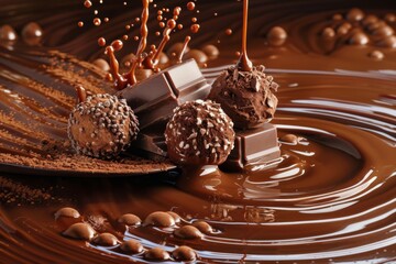 Liquid Chocolate and Truffle Bliss - Gourmet chocolate truffles and chocolate pieces elegantly placed in a pool of molten chocolate, with a dynamic splash capturing the essence of indulgence and fine 
