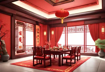 Zelfklevend Fotobehang Chinese dining room decorated for lunar new year celebration. 3d render. Generative AI © Muhammad Faizan