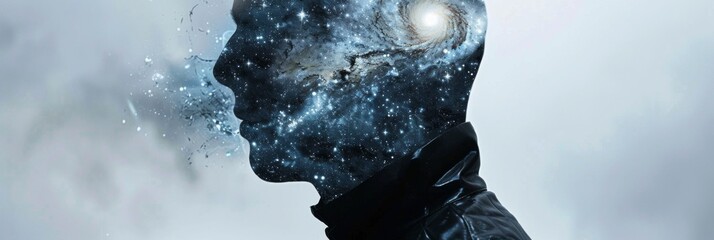 Stellar Mind Concept - A surreal representation of a human profile dissolving into a star-filled cosmos, symbolizing vast mental potential and the mysteries of the human psyche - obrazy, fototapety, plakaty